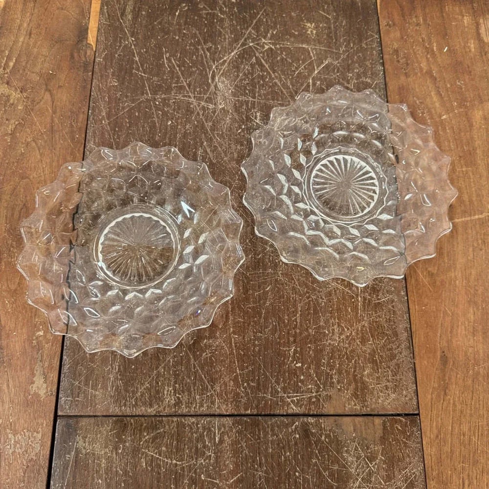 Pair (2) Fostoria American 8 inch bread salad plates clear glass‎ cubist pattern